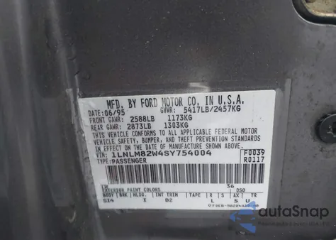 1995 Lincoln Town Car Signature/Spinnaker из США, поврежденный, VIN 1LNLM82W4SY754004